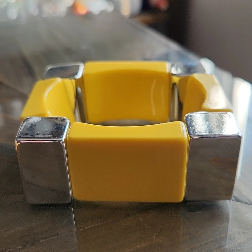Yellow and Silver Stretch Bracelet Square Shape Geometric Chunky Bangle